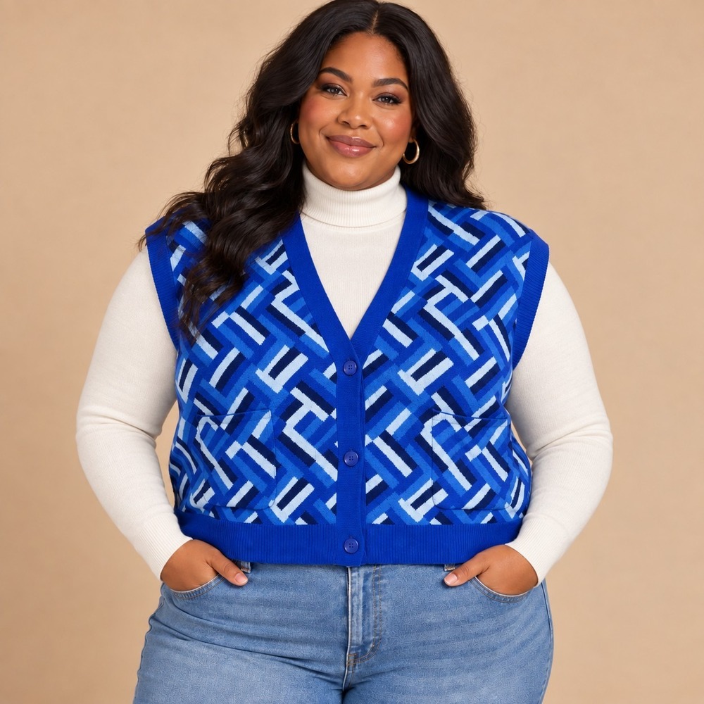 Isaac Mizrahi Live! Blue Patchwork Sweater Vest Women's 3X Plus Mod Geo Preppy